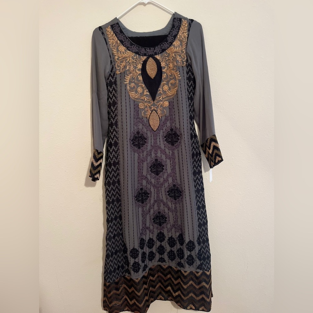 Long Kurta with black plazzo and heavy dupatta
